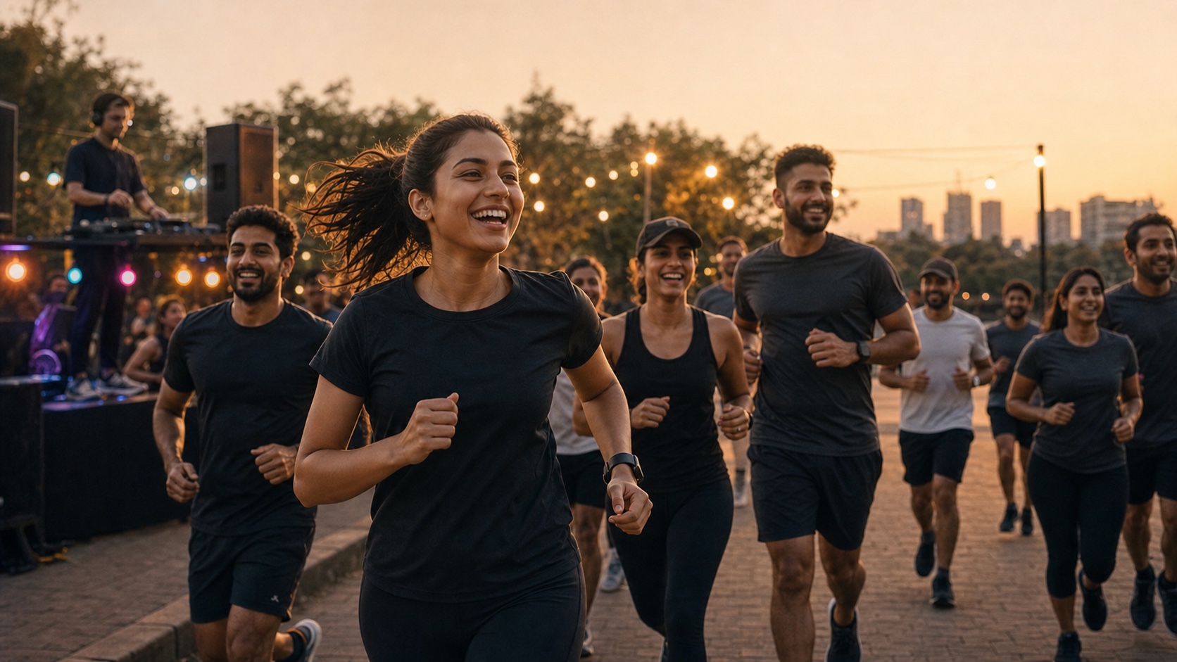 People enjoying a social run together at sunset